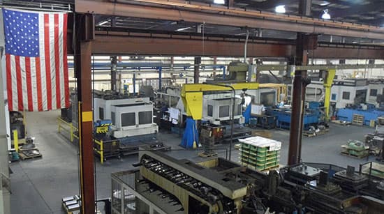 Delta's production floor beneath an American flag